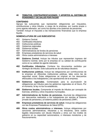 133
40 TRIBUTOS, CONTRAPRESTACIONES Y APORTES AL SISTEMA DE
PENSIONES Y DE SALUD POR PAGAR
CONTENIDO
Agrupa las subcuentas que representan obligaciones por impuestos,
contribuciones y otros tributos, a cargo de la empresa, por cuenta propia o
como agente retenedor, así como los aportes a los sistemas de pensiones.
También incluye el impuesto a las transacciones financieras que la empresa
liquida.
NOMENCLATURA DE LAS SUBCUENTAS
401 Gobierno Central.
402 Certificados tributarios
403 Instituciones públicas
405 Gobiernos regionales
406 Gobiernos locales
407 Administradoras de fondos de pensiones
408 Empresas prestadoras de servicios de salud
409 Otros costos administrativos e intereses
401 Gobierno Central. Incluye los tributos que representan ingresos del
Gobierno Central, tanto por la empresa en su calidad de contribuyente
como en su calidad de agente retenedor.
402 Certificados tributarios. Contiene los documentos recibidos por
reintegro de tributos. Esta subcuenta es de naturaleza deudora.
403 Instituciones públicas. Incluye las obligaciones por contribuciones de
la empresa en diferentes instituciones públicas, tales como las de
seguridad social. Estas obligaciones se originan en los descuentos
efectuados a los trabajadores y las aportaciones de la empresa.
405 Gobiernos regionales. Contemplado para la acumulación de
obligaciones por tributos para los gobiernos regionales en el futuro. Por
el momento, la ley no los ha establecido.
406 Gobiernos locales. Comprende el importe de tributos por concepto de
licencias, arbitrios y otros impuestos municipales.
407 Administradoras de fondos de pensiones. Acumula las obligaciones
por descuentos realizados a los trabajadores por aportes al Sistema
privado de pensiones y al sistema público de pensiones (ONP).
408 Empresas prestadoras de servicios de salud. Incluye las obligaciones
con las Empresas Prestadoras de Salud (EPS).
409 Otros costos administrativos e intereses. Incluye obligaciones por
sanciones administrativas, tributarias y no tributarias, otros costos
legales relacionados con deuda tributaria y otros con los niveles de
gobierno en su capacidad sancionadora, e intereses moratorios y de
fraccionamiento.
 