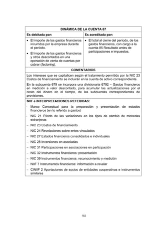 182
DINÁMICA DE LA CUENTA 67
Es debitada por: Es acreditada por:
• El importe de los gastos financieros
incurridos por la empresa durante
el período.
• El importe de los gastos financieros
y otros descontados en una
operación de venta de cuentas por
cobrar (factoring).
• El total al cierre del período, de los
gastos financieros, con cargo a la
cuenta 85 Resultado antes de
participaciones e impuestos.
COMENTARIOS
Los intereses que se capitalicen según el tratamiento permitido por la NIC 23
Costos de financiamiento se incluirán en la cuenta de activo correspondiente.
En la subcuenta 679 se incorpora una divisionaria 6792 – Gastos financieros
en medición a valor descontado, para acumular las actualizaciones por el
costo del dinero en el tiempo, de las subcuentas correspondientes de
provisiones.
NIIF e INTERPRETACIONES REFERIDAS:
− Marco Conceptual para la preparación y presentación de estados
financieros (en lo referido a gastos)
− NIC 21 Efecto de las variaciones en los tipos de cambio de monedas
extranjeras
− NIC 23 Costos de financiamiento
− NIC 24 Revelaciones sobre entes vinculados
− NIC 27 Estados financieros consolidados e individuales
− NIC 28 Inversiones en asociadas
− NIC 31 Participaciones en asociaciones en participación
− NIC 32 Instrumentos financieros: presentación
− NIC 39 Instrumentos financieros: reconocimiento y medición
− NIIF 7 Instrumentos financieros: información a revelar
− CINIIF 2 Aportaciones de socios de entidades cooperativas e instrumentos
similares
 