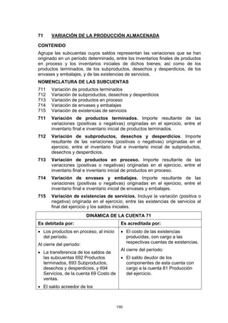 190
71 VARIACIÓN DE LA PRODUCCIÓN ALMACENADA
CONTENIDO
Agrupa las subcuentas cuyos saldos representan las variaciones que se han
originado en un período determinado, entre los inventarios finales de productos
en proceso y los inventarios iniciales de dichos bienes; así como de los
productos terminados, de los subproductos, desechos y desperdicios, de los
envases y embalajes, y de las existencias de servicios.
NOMENCLATURA DE LAS SUBCUENTAS
711 Variación de productos terminados
712 Variación de subproductos, desechos y desperdicios
713 Variación de productos en proceso
714 Variación de envases y embalajes
715 Variación de existencias de servicios
711 Variación de productos terminados. Importe resultante de las
variaciones (positivas o negativas) originadas en el ejercicio, entre el
inventario final e inventario inicial de productos terminados.
712 Variación de subproductos, desechos y desperdicios. Importe
resultante de las variaciones (positivas o negativas) originadas en el
ejercicio, entre el inventario final e inventario inicial de subproductos,
desechos y desperdicios.
713 Variación de productos en proceso. Importe resultante de las
variaciones (positivas o negativas) originadas en el ejercicio, entre el
inventario final e inventario inicial de productos en proceso.
714 Variación de envases y embalajes. Importe resultante de las
variaciones (positivas o negativas) originadas en el ejercicio, entre el
inventario final e inventario inicial de envases y embalajes.
715 Variación de existencias de servicios. Incluye la variación (positiva o
negativa) originada en el ejercicio, entre las existencias de servicios al
final del ejercicio y los saldos iniciales.
DINÁMICA DE LA CUENTA 71
Es debitada por: Es acreditada por:
• Los productos en proceso, al inicio
del período.
Al cierre del período:
• La transferencia de los saldos de
las subcuentas 692 Productos
terminados, 693 Subproductos,
desechos y desperdicios, y 694
Servicios, de la cuenta 69 Costo de
ventas.
• El saldo acreedor de los
• El costo de las existencias
producidas, con cargo a las
respectivas cuentas de existencias.
Al cierre del período:
• El saldo deudor de los
componentes de esta cuenta con
cargo a la cuenta 81 Producción
del ejercicio.
 