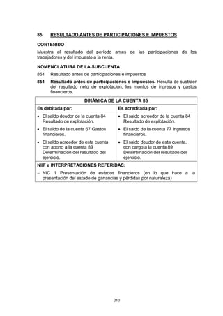 210
85 RESULTADO ANTES DE PARTICIPACIONES E IMPUESTOS
CONTENIDO
Muestra el resultado del período antes de las participaciones de los
trabajadores y del impuesto a la renta.
NOMENCLATURA DE LA SUBCUENTA
851 Resultado antes de participaciones e impuestos
851 Resultado antes de participaciones e impuestos. Resulta de sustraer
del resultado neto de explotación, los montos de ingresos y gastos
financieros.
DINÁMICA DE LA CUENTA 85
Es debitada por: Es acreditada por:
• El saldo deudor de la cuenta 84
Resultado de explotación.
• El saldo de la cuenta 67 Gastos
financieros.
• El saldo acreedor de esta cuenta
con abono a la cuenta 89
Determinación del resultado del
ejercicio.
• El saldo acreedor de la cuenta 84
Resultado de explotación.
• El saldo de la cuenta 77 Ingresos
financieros.
• El saldo deudor de esta cuenta,
con cargo a la cuenta 89
Determinación del resultado del
ejercicio.
NIIF e INTERPRETACIONES REFERIDAS:
− NIC 1 Presentación de estados financieros (en lo que hace a la
presentación del estado de ganancias y pérdidas por naturaleza)
 
