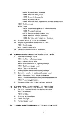 40
40612 Impuesto a las apuestas
40613 Impuesto a los juegos
40614 Impuesto de alcabala
40615 Impuesto predial
40616 Impuesto a los espectáculos públicos no deportivos
4062 Contribuciones
4063 Tasas
40631 Licencia de apertura de establecimientos
40632 Transporte público
40633 Estacionamiento de vehículos
40634 Servicios públicos o arbitrios
40635 Servicios administrativos o derechos
407 Administradoras de fondos de pensiones
408 Empresas prestadoras de servicios de salud
4081 Cuenta propia
4082 Cuenta de terceros
409 Otros costos administrativos e intereses
41 REMUNERACIONES Y PARTICIPACIONES POR PAGAR
411 Remuneraciones por pagar
4111 Sueldos y salarios por pagar
4112 Comisiones por pagar
4113 Remuneraciones en especie por pagar
4114 Gratificaciones por pagar
4115 Vacaciones por pagar
413 Participaciones de los trabajadores por pagar
415 Beneficios sociales de los trabajadores por pagar
4151 Compensación por tiempo de servicios
4152 Adelanto de compensación por tiempo de servicios
4153 Pensiones y jubilaciones
419 Otras remuneraciones y participaciones por pagar
42 CUENTAS POR PAGAR COMERCIALES – TERCEROS
421 Facturas, boletas y otros comprobantes por pagar
4211 No emitidas
4212 Emitidas
422 Anticipos a proveedores
423 Letras por pagar
424 Honorarios por pagar
43 CUENTAS POR PAGAR COMERCIALES – RELACIONADAS
 