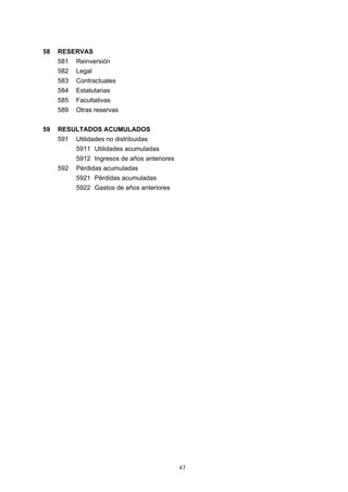 47
58 RESERVAS
581 Reinversión
582 Legal
583 Contractuales
584 Estatutarias
585 Facultativas
589 Otras reservas
59 RESULTADOS ACUMULADOS
591 Utilidades no distribuidas
5911 Utilidades acumuladas
5912 Ingresos de años anteriores
592 Pérdidas acumuladas
5921 Pérdidas acumuladas
5922 Gastos de años anteriores
 