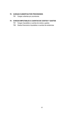 63
78 CARGAS CUBIERTAS POR PROVISIONES
781 Cargas cubiertas por provisiones
79 CARGAS IMPUTABLES A CUENTAS DE COSTOS Y GASTOS
791 Cargas imputables a cuentas de costos y gastos
792 Gastos financieros imputables a cuentas de existencias
 