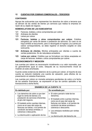 74
12 CUENTAS POR COBRAR COMERCIALES – TERCEROS
CONTENIDO
Agrupa las subcuentas que representan los derechos de cobro a terceros que
se derivan de las ventas de bienes y/o servicios que realiza la empresa en
razón de su objeto de negocio.
NOMENCLATURA DE LAS SUBCUENTAS
121 Facturas, boletas y otros comprobantes por cobrar
122 Anticipos de clientes
123 Letras por cobrar
121 Facturas, boletas y otros comprobantes por cobrar. Créditos
otorgados por venta de bienes o prestación de servicios. En caso no se
haya emitido el documento, pero sí devengado el ingreso y la cuenta por
cobrar correspondiente, se debe registrar el derecho exigible en esta
subcuenta.
122 Anticipos de clientes. Montos anticipados por clientes a cuenta de
ventas posteriores. Es de naturaleza acreedora.
123 Letras por cobrar. Créditos que se formalizan con letras aceptadas en
canje de facturas, boletas u otros comprobantes por cobrar.
RECONOCIMIENTO Y MEDICIÓN
Las cuentas por cobrar se reconocerán inicialmente a su valor razonable, que
es generalmente igual al costo. Después de su reconocimiento inicial se
medirán al costo amortizado.
Cuando exista evidencia de deterioro de la cuenta por cobrar, el importe de esa
cuenta se reducirá mediante una cuenta de valuación, para efectos de su
presentación en estados financieros.
Las cuentas por cobrar en moneda extranjera pendientes de cobro a la fecha
de los estados financieros, se expresarán al tipo de cambio aplicable a las
transacciones a dicha fecha.
DINÁMICA DE LA CUENTA 12
Es debitada por: Es acreditada por:
• Los derechos de cobro a que dan
lugar la venta de bienes o la
prestación de servicios inherentes
al giro del negocio.
• El traslado entre cuentas internas,
como es el caso del canje de
facturas con letras, o el cambio de
condición de letras emitidas, a
cobranza o descuento.
• La disminución o aplicación de los
• El cobro parcial o total de los
derechos.
• El traslado entre cuentas internas,
como es el caso del canje de
facturas con letras, o el cambio de
condición de letras emitidas a
cobranza o descuento.
• Los anticipos recibidos por ventas
futuras.
• La disminución del derecho de
 