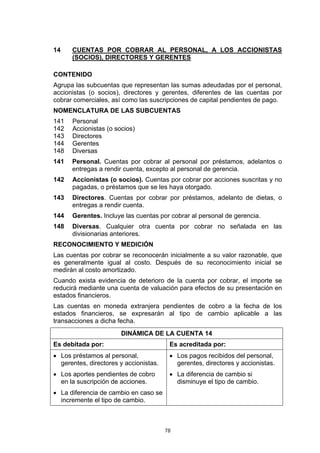 78
14 CUENTAS POR COBRAR AL PERSONAL, A LOS ACCIONISTAS
(SOCIOS), DIRECTORES Y GERENTES
CONTENIDO
Agrupa las subcuentas que representan las sumas adeudadas por el personal,
accionistas (o socios), directores y gerentes, diferentes de las cuentas por
cobrar comerciales, así como las suscripciones de capital pendientes de pago.
NOMENCLATURA DE LAS SUBCUENTAS
141 Personal
142 Accionistas (o socios)
143 Directores
144 Gerentes
148 Diversas
141 Personal. Cuentas por cobrar al personal por préstamos, adelantos o
entregas a rendir cuenta, excepto al personal de gerencia.
142 Accionistas (o socios). Cuentas por cobrar por acciones suscritas y no
pagadas, o préstamos que se les haya otorgado.
143 Directores. Cuentas por cobrar por préstamos, adelanto de dietas, o
entregas a rendir cuenta.
144 Gerentes. Incluye las cuentas por cobrar al personal de gerencia.
148 Diversas. Cualquier otra cuenta por cobrar no señalada en las
divisionarias anteriores.
RECONOCIMIENTO Y MEDICIÓN
Las cuentas por cobrar se reconocerán inicialmente a su valor razonable, que
es generalmente igual al costo. Después de su reconocimiento inicial se
medirán al costo amortizado.
Cuando exista evidencia de deterioro de la cuenta por cobrar, el importe se
reducirá mediante una cuenta de valuación para efectos de su presentación en
estados financieros.
Las cuentas en moneda extranjera pendientes de cobro a la fecha de los
estados financieros, se expresarán al tipo de cambio aplicable a las
transacciones a dicha fecha.
DINÁMICA DE LA CUENTA 14
Es debitada por: Es acreditada por:
• Los préstamos al personal,
gerentes, directores y accionistas.
• Los aportes pendientes de cobro
en la suscripción de acciones.
• La diferencia de cambio en caso se
incremente el tipo de cambio.
• Los pagos recibidos del personal,
gerentes, directores y accionistas.
• La diferencia de cambio si
disminuye el tipo de cambio.
 