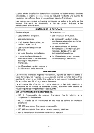 81
Cuando exista evidencia de deterioro de la cuenta por cobrar medida al costo
amortizado, el importe de esa cuenta se reducirá mediante una cuenta de
valuación, para efectos de su presentación en estados financieros.
Las cuentas en moneda extranjera pendientes de cobro a la fecha de los
estados financieros, se expresarán al tipo de cambio aplicable a las
transacciones a dicha fecha.
DINÁMICA DE LA CUENTA 16
Es debitada por: Es acreditada por:
• Los préstamos otorgados.
• Las reclamaciones.
• Los intereses, las regalías y los
dividendos por cobrar.
• Los depósitos otorgados en
garantía.
• La venta de activo inmovilizado.
• Los efectos favorables en la
medición al valor razonable de los
activos por instrumentos
financieros.
• La diferencia de cambio, cuando el
tipo de cambio se incrementa.
• Las cobranzas efectuadas.
• La eliminación (castigo) de las
cuentas por cobrar diversas de las
deudas incobrables.
• La disminución de los efectos
favorables en la medición al valor
razonable de los activos por
instrumentos financieros.
• La diferencia de cambio, cuando
disminuye el tipo de cambio.
COMENTARIOS
La subcuenta Intereses, regalías y dividendos, registra los intereses sobre la
base de tiempo, las regalías en concordancia con los términos del contrato
que les dio origen, y los dividendos en la fecha que es reconocido el derecho
del accionista a recibir el pago, respectivamente.
La subcuenta 194 Cuentas por cobrar diversas – Terceros, acumula la
estimación de los saldos de cobranza dudosa, actuando como cuenta de
valuación para los componentes de esta cuenta.
NIIF e INTERPRETACIONES REFERIDAS:
− NIC 1 Presentación de estados financieros (en lo referido a la
compensación de cuentas)
− NIC 21 Efecto de las variaciones en los tipos de cambio de monedas
extranjeras
− NIC 32 Instrumentos financieros: presentación
− NIC 39 Instrumentos financieros: reconocimiento y medición
− NIIF 7 Instrumentos financieros: información a revelar
 
