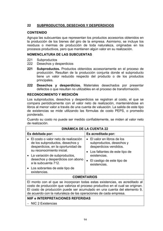 94
22 SUBPRODUCTOS, DESECHOS Y DESPERDICIOS
CONTENIDO
Agrupa las subcuentas que representan los productos accesorios obtenidos en
la producción de los bienes del giro de la empresa. Asimismo, se incluye los
residuos o mermas de producción de toda naturaleza, originadas en los
procesos productivos, pero que mantienen algún valor en su realización.
NOMENCLATURA DE LAS SUBCUENTAS
221 Subproductos
222 Desechos y desperdicios
221 Subproductos. Productos obtenidos accesoriamente en el proceso de
producción. Resultan de la producción conjunta donde el subproducto
tiene un valor reducido respecto del producto o de los productos
principales.
222 Desechos y desperdicios. Materiales desechados por presentar
defectos o que resultan no utilizables en el proceso de transformación.
RECONOCIMIENTO Y MEDICIÓN
Los subproductos, desechos y desperdicios se registran al costo, el que se
compara periódicamente con el valor neto de realización, manteniéndose en
libros al menor valor a través de una cuenta de valuación. La salida de este tipo
de existencias se mide utilizando las fórmulas de costo PEPS, o promedio
ponderado.
Cuando su costo no puede ser medido confiablemente, se miden al valor neto
de realización.
DINÁMICA DE LA CUENTA 22
Es debitada por: Es acreditada por:
• El costo o valor neto de realización
de los subproductos, desechos y
desperdicios, en la oportunidad de
su reconocimiento inicial.
• La variación de subproductos,
desechos y desperdicios con abono
a la subcuenta 712.
• Los sobrantes de este tipo de
existencias.
• El valor en libros de los
subproductos, desechos y
desperdicios vendidos.
• Los faltantes de este tipo de
existencias.
• El castigo de este tipo de
existencias.
COMENTARIOS
El monto con el que se incorporan todas estas existencias, es acreditado al
costo de producción que valoriza el proceso productivo en el cual se originan.
El costo de producción puede ser acumulado en una cuenta del elemento 9,
de acuerdo con la naturaleza de las operaciones de cada empresa.
NIIF e INTERPRETACIONES REFERIDAS
− NIC 2 Existencias
 