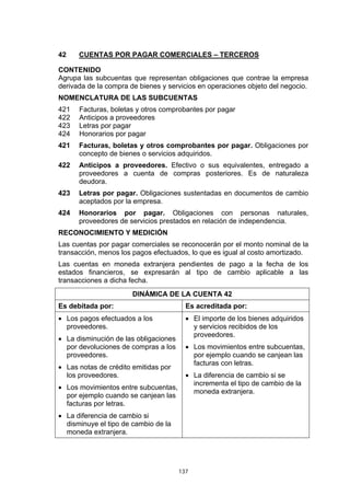 137
42 CUENTAS POR PAGAR COMERCIALES – TERCEROS
CONTENIDO
Agrupa las subcuentas que representan obligaciones que contrae la empresa
derivada de la compra de bienes y servicios en operaciones objeto del negocio.
NOMENCLATURA DE LAS SUBCUENTAS
421 Facturas, boletas y otros comprobantes por pagar
422 Anticipos a proveedores
423 Letras por pagar
424 Honorarios por pagar
421 Facturas, boletas y otros comprobantes por pagar. Obligaciones por
concepto de bienes o servicios adquiridos.
422 Anticipos a proveedores. Efectivo o sus equivalentes, entregado a
proveedores a cuenta de compras posteriores. Es de naturaleza
deudora.
423 Letras por pagar. Obligaciones sustentadas en documentos de cambio
aceptados por la empresa.
424 Honorarios por pagar. Obligaciones con personas naturales,
proveedores de servicios prestados en relación de independencia.
RECONOCIMIENTO Y MEDICIÓN
Las cuentas por pagar comerciales se reconocerán por el monto nominal de la
transacción, menos los pagos efectuados, lo que es igual al costo amortizado.
Las cuentas en moneda extranjera pendientes de pago a la fecha de los
estados financieros, se expresarán al tipo de cambio aplicable a las
transacciones a dicha fecha.
DINÁMICA DE LA CUENTA 42
Es debitada por: Es acreditada por:
• Los pagos efectuados a los
proveedores.
• La disminución de las obligaciones
por devoluciones de compras a los
proveedores.
• Las notas de crédito emitidas por
los proveedores.
• Los movimientos entre subcuentas,
por ejemplo cuando se canjean las
facturas por letras.
• La diferencia de cambio si
disminuye el tipo de cambio de la
moneda extranjera.
• El importe de los bienes adquiridos
y servicios recibidos de los
proveedores.
• Los movimientos entre subcuentas,
por ejemplo cuando se canjean las
facturas con letras.
• La diferencia de cambio si se
incrementa el tipo de cambio de la
moneda extranjera.
 