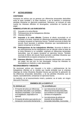 37    ACTIVO DIFERIDO

CONTENIDO
Incorpora los activos que se generan por diferencias temporales deducibles
entre la base contable y la base tributaria, y por el derecho a compensar
pérdidas tributarias en ejercicios posteriores. Asimismo, se incluyen en esta
cuenta los intereses diferidos no devengados, contenidos en cuentas por
pagar.
NOMENCLATURA DE LAS SUBCUENTAS
371    Impuesto a la renta diferido
372    Participaciones de los trabajadores diferidas
373    Intereses diferidos
371   Impuesto a la renta diferido. Contiene el efecto acumulado en el
      impuesto a la renta, originado en diferencias temporales deducibles, que
      se espera recuperar en ejercicios futuros. También acumula el efecto del
      escudo fiscal asociado a pérdidas tributarias que razonablemente se
      espera compensar en el futuro.
372   Participaciones de los trabajadores diferidas. Acumula el efecto en
      las participaciones de los trabajadores que se calculan sobre la base de
      la renta tributaria (y no contable), originada en diferencias temporales
      deducibles, que se espera recuperar en ejercicios futuros. También
      acumula el efecto del escudo fiscal asociado a pérdidas tributarias que
      razonablemente se espera compensar en el futuro.
373   Intereses diferidos. Comprende los intereses relacionados con cuentas
      por pagar, los que aun no han devengado. Incluye los intereses no
      devengados en medición a valor descontado.
RECONOCIMIENTO Y MEDICIÓN
Se reconocen activos por impuesto a la renta y participaciones de los
trabajadores diferidos en la medida que resulte probable que la empresa
disponga de rentas tributarias (fiscales) futuras que permitan la aplicación de
las diferencias temporales deducibles, y de las pérdidas tributarias que se
espera, razonablemente, compensar en ejercicios futuros.
La medición, en el reconocimiento inicial y posterior, es al costo, sin ningún
descuento financiero.
                        DINÁMICA DE LA CUENTA 37
Es debitada por:                          Es acreditada por:
• El importe del activo por diferencias   • Las reducciones de activos por
  temporales deducibles o por pérdidas      diferencias temporales deducibles,
  tributarias arrastrables, o por cambios   que revirtieron en el ejercicio o por
  en la legislación, originadas en el       cambios en la legislación.
  ejercicio.
                                          • Las reducciones de activos por
• El importe del activo que surja de una    reversión de las diferencias
  transacción reconocida directamente       temporales deducibles, reconocidas



                                        127
 