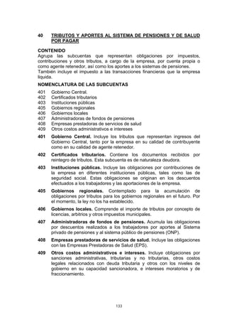 40    TRIBUTOS Y APORTES AL SISTEMA DE PENSIONES Y DE SALUD
      POR PAGAR

CONTENIDO
Agrupa las subcuentas que representan obligaciones por impuestos,
contribuciones y otros tributos, a cargo de la empresa, por cuenta propia o
como agente retenedor, así como los aportes a los sistemas de pensiones.
También incluye el impuesto a las transacciones financieras que la empresa
liquida.
NOMENCLATURA DE LAS SUBCUENTAS
401   Gobierno Central.
402   Certificados tributarios
403   Instituciones públicas
405   Gobiernos regionales
406   Gobiernos locales
407   Administradoras de fondos de pensiones
408   Empresas prestadoras de servicios de salud
409   Otros costos administrativos e intereses
401   Gobierno Central. Incluye los tributos que representan ingresos del
      Gobierno Central, tanto por la empresa en su calidad de contribuyente
      como en su calidad de agente retenedor.
402   Certificados tributarios. Contiene los documentos recibidos por
      reintegro de tributos. Esta subcuenta es de naturaleza deudora.
403   Instituciones públicas. Incluye las obligaciones por contribuciones de
      la empresa en diferentes instituciones públicas, tales como las de
      seguridad social. Estas obligaciones se originan en los descuentos
      efectuados a los trabajadores y las aportaciones de la empresa.
405   Gobiernos regionales. Contemplado para la acumulación de
      obligaciones por tributos para los gobiernos regionales en el futuro. Por
      el momento, la ley no los ha establecido.
406   Gobiernos locales. Comprende el importe de tributos por concepto de
      licencias, arbitrios y otros impuestos municipales.
407   Administradoras de fondos de pensiones. Acumula las obligaciones
      por descuentos realizados a los trabajadores por aportes al Sistema
      privado de pensiones y al sistema público de pensiones (ONP).
408   Empresas prestadoras de servicios de salud. Incluye las obligaciones
      con las Empresas Prestadoras de Salud (EPS).
409   Otros costos administrativos e intereses. Incluye obligaciones por
      sanciones administrativas, tributarias y no tributarias, otros costos
      legales relacionados con deuda tributaria y otros con los niveles de
      gobierno en su capacidad sancionadora, e intereses moratorios y de
      fraccionamiento.




                                     133
 