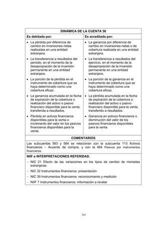 DINÁMICA DE LA CUENTA 56
Es debitada por:                           Es acreditada por:
• La pérdida por diferencia de             • La ganancia por diferencia de
  cambio en inversiones netas                cambio en inversiones netas o de
  realizadas en una entidad                  cobertura realizada en una entidad
  extranjera.                                extranjera.
• La transferencia a resultados del        • La transferencia a resultados del
  periodo, en el momento de la               ejercicio, en el momento de la
  desapropiación de la inversión             desapropiación de la inversión
  permanente en una entidad                  permanente en una entidad
  extranjera.                                extranjera.
• La porción de la pérdida en el           • La porción de la ganancia en el
  instrumento de cobertura que se            instrumento de cobertura que se
  haya determinado como una                  haya determinado como una
  cobertura eficaz.                          cobertura eficaz.
• La ganancia acumulada en la fecha        • La pérdida acumulada en la fecha
  de expiración de la cobertura o            de expiración de la cobertura o
  realización del activo o pasivo            realización del activo o pasivo
  financiero disponible para la venta,       financiero disponible para la venta,
  transferida a resultados.                  transferido a resultados.
• Pérdida en activos financieros           • Ganancia en activos financieros o
  disponibles para la venta o                disminución del valor de los
  incremento del valor en los pasivos        pasivos financieros disponibles
  financieros disponibles para la            para la venta.
  venta.

                              COMENTARIOS
Las subcuentas 563 y 564 se relacionan con la subcuenta 113 Activos
financieros – Acuerdo de compra, y con la 464 Pasivos por instrumentos
financieros.
NIIF e INTERPRETACIONES REFERIDAS:
− NIC 21 Efecto de las variaciones en los tipos de cambio de monedas
  extranjeras
− NIC 32 Instrumentos financieros: presentación
− NIC 39 Instrumentos financieros: reconocimiento y medición
− NIIF 7 Instrumentos financieros: información a revelar




                                         161
 