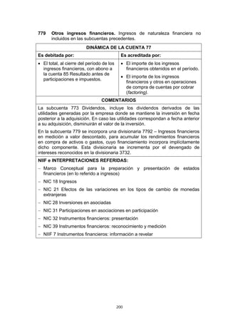 779    Otros ingresos financieros. Ingresos de naturaleza financiera no
       incluidos en las subcuentas precedentes.
                         DINÁMICA DE LA CUENTA 77
Es debitada por:                             Es acreditada por:
• El total, al cierre del período de los     • El importe de los ingresos
  ingresos financieros, con abono a            financieros obtenidos en el período.
  la cuenta 85 Resultado antes de
                                             • El importe de los ingresos
  participaciones e impuestos.
                                               financieros y otros en operaciones
                                               de compra de cuentas por cobrar
                                               (factoring).
                                 COMENTARIOS
La subcuenta 773 Dividendos, incluye los dividendos derivados de las
utilidades generadas por la empresa donde se mantiene la inversión en fecha
posterior a la adquisición. En caso las utilidades correspondan a fecha anterior
a su adquisición, disminuirán el valor de la inversión.
En la subcuenta 779 se incorpora una divisionaria 7792 – Ingresos financieros
en medición a valor descontado, para acumular los rendimientos financieros
en compra de activos o gastos, cuyo financiamiento incorpora implícitamente
dicho componente. Esta divisionaria se incrementa por el devengado de
intereses reconocidos en la divisionaria 3732.
NIIF e INTERPRETACIONES REFERIDAS:
− Marco Conceptual para la preparación y presentación de estados
  financieros (en lo referido a ingresos)
− NIC 18 Ingresos
− NIC 21 Efectos de las variaciones en los tipos de cambio de monedas
  extranjeras
− NIC 28 Inversiones en asociadas
− NIC 31 Participaciones en asociaciones en participación
− NIC 32 Instrumentos financieros: presentación
− NIC 39 Instrumentos financieros: reconocimiento y medición
− NIIF 7 Instrumentos financieros: información a revelar




                                           200
 