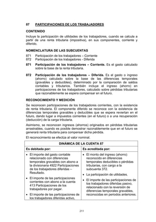 87    PARTICIPACIONES DE LOS TRABAJADORES

CONTENIDO
Incluye la participación de utilidades de los trabajadores, cuando se calcula a
partir de una renta tributaria (impositiva), en sus componentes, corriente y
diferido.

NOMENCLATURA DE LAS SUBCUENTAS
871   Participación de los trabajadores – Corriente
872   Participación de los trabajadores - Diferida
871   Participación de los trabajadores – Corriente. Es el gasto calculado
      sobre la base de la renta tributaria.

872   Participación de los trabajadores – Diferida. Es el gasto o ingreso
      (ahorro) calculado sobre la base de las diferencias temporales
      (gravables y deducibles), determinado por la comparación de saldos
      contables y tributarios. También incluye el ingreso (ahorro) en
      participaciones de los trabajadores, calculado sobre pérdidas tributarias
      que razonablemente se espera compensar en el futuro.

RECONOCIMIENTO Y MEDICIÓN
Se reconocen participaciones de los trabajadores corrientes, con la existencia
de renta tributaria. El componente diferido se reconoce con la existencia de
diferencias temporales gravables y deducibles que se espera reviertan en el
futuro, dando lugar a impuestos corrientes (en el futuro) o a una recuperación
(deducción) de la carga tributaria.
Asimismo, se reconocen ingresos (ahorros) originados en pérdidas tributarias
arrastrables, cuando es posible demostrar razonablemente que en el futuro se
generará renta tributaria para compensar dicha pérdida.
El reconocimiento se efectúa al valor nominal.
                       DINÁMICA DE LA CUENTA 87
Es debitada por:                           Es acreditada por:
• El importe del gasto contable            • El monto del ingreso (ahorro)
  relacionado con diferencias                reconocido en diferencias
  temporales gravables con abono a           temporales deducibles o pérdidas
  la divisionaria 4922 Participaciones       tributarias, con cargo a la
  de los trabajadores diferidas –            subcuenta 372.
  Resultado.
                                           • La participación de utilidades.
• El importe de las participaciones
                                           • El importe de las participaciones de
  corrientes con abono a la cuenta
                                             los trabajadores diferidas pasivo,
  413 Participaciones de los
                                             relacionado con la reversión de
  trabajadores por pagar.
                                             diferencias temporales gravables,
• El importe de las participaciones de       reconocidas en periodos anteriores.
  los trabajadores diferidas activo,



                                         211
 
