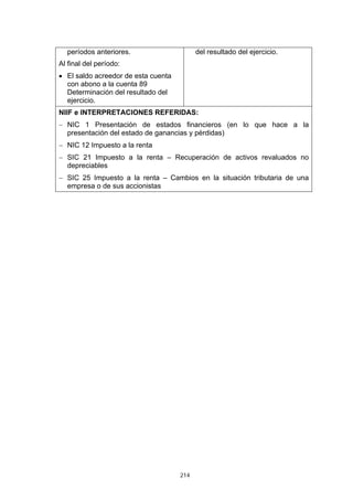 períodos anteriores.                     del resultado del ejercicio.
Al final del período:
• El saldo acreedor de esta cuenta
  con abono a la cuenta 89
  Determinación del resultado del
  ejercicio.
NIIF e INTERPRETACIONES REFERIDAS:
− NIC 1 Presentación de estados financieros (en lo que hace a la
  presentación del estado de ganancias y pérdidas)
− NIC 12 Impuesto a la renta
− SIC 21 Impuesto a la renta – Recuperación de activos revaluados no
  depreciables
− SIC 25 Impuesto a la renta – Cambios en la situación tributaria de una
  empresa o de sus accionistas




                                     214
 