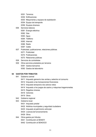 6351 Terrenos
           6352 Edificaciones
           6353 Maquinarias y equipos de explotación
           6354 Equipo de transporte
           6356 Equipos diversos
     636   Servicios básicos
           6361 Energía eléctrica
           6362 Gas
           6363 Agua
           6364 Teléfono
           6365 Internet
           6366 Radio
           6367 Cable
     637   Publicidad, publicaciones, relaciones públicas
           6371 Publicidad
           6372 Publicaciones
           6373 Relaciones públicas
     638   Servicios de contratistas
     639   Otros servicios prestados por terceros
           6391 Gastos bancarios
           6392 Gastos de laboratorio


64   GASTOS POR TRIBUTOS
     641   Gobierno central
           6411 Impuesto general a las ventas y selectivo al consumo
           6412 Impuesto a las transacciones financieras
           6413 Impuesto temporal a los activos netos
           6414 Impuesto a los juegos de casino y máquinas tragamonedas
           6415 Regalías mineras
           6416 Cánones
           6419 Otros
     642   Gobierno regional
     643   Gobierno local
           6431 Impuesto predial
           6432 Arbitrios municipales y seguridad ciudadana
           6433 Impuesto al patrimonio vehicular
           6434 Licencia de funcionamiento
           6439 Otros
     644   Otros gastos por tributos
           6441 Contribución al SENATI
           6442 Contribución al SENCICO



                                               51
 