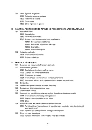 759   Otros ingresos de gestión
           7591 Subsidios gubernamentales
           7592 Reclamos al seguro
           7593 Donaciones
           7599 Otros ingresos de gestión


76   GANANCIA POR MEDICIÓN DE ACTIVOS NO FINANCIEROS AL VALOR RAZONABLE
     761   Activo realizable
           7611 Mercaderías
           7612 Productos terminados
           7613 Activos no corrientes mantenidos para la venta
                 76131 Inversiones inmobiliarias
                 76132 Inmuebles, maquinaria y equipo
                 76133 Intangibles
                 76134 Activos biológicos
     762   Activo inmovilizado
           7621 Inversiones inmobiliarias
           7622 Activos biológicos


77   INGRESOS FINANCIEROS
     771   Ganancia por instrumento financiero derivado
     772   Rendimientos ganados
           7721 Depósitos en instituciones financieras
           7722 Cuentas por cobrar comerciales
           7723 Préstamos otorgados
           7724 Inversiones a ser mantenidas hasta el vencimiento
           7725 Instrumentos financieros representativos de derecho patrimonial
     773   Dividendos
     774   Ingresos en operaciones de factoraje (factoring)
     775   Descuentos obtenidos por pronto pago
     776   Diferencia en cambio
     777   Ganancia por medición de activos y pasivos financieros al valor razonable
           7771 Inversiones mantenidas para negociación
           7772 Inversiones disponibles para la venta
           7773 Otras
     778   Participación en resultados de entidades relacionadas
           7781 Participación en los resultados de subsidiarias y asociadas bajo el método del
                valor patrimonial
           7782 Ingresos por participaciones en negocios conjuntos
     779   Otros ingresos financieros
           7792 Ingresos financieros en medición a valor descontado



                                               62
 