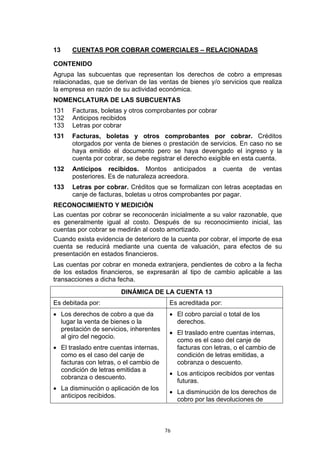 13    CUENTAS POR COBRAR COMERCIALES – RELACIONADAS

CONTENIDO
Agrupa las subcuentas que representan los derechos de cobro a empresas
relacionadas, que se derivan de las ventas de bienes y/o servicios que realiza
la empresa en razón de su actividad económica.
NOMENCLATURA DE LAS SUBCUENTAS
131   Facturas, boletas y otros comprobantes por cobrar
132   Anticipos recibidos
133   Letras por cobrar
131   Facturas, boletas y otros comprobantes por cobrar. Créditos
      otorgados por venta de bienes o prestación de servicios. En caso no se
      haya emitido el documento pero se haya devengado el ingreso y la
      cuenta por cobrar, se debe registrar el derecho exigible en esta cuenta.
132   Anticipos recibidos. Montos anticipados           a     cuenta   de    ventas
      posteriores. Es de naturaleza acreedora.
133   Letras por cobrar. Créditos que se formalizan con letras aceptadas en
      canje de facturas, boletas u otros comprobantes por pagar.
RECONOCIMIENTO Y MEDICIÓN
Las cuentas por cobrar se reconocerán inicialmente a su valor razonable, que
es generalmente igual al costo. Después de su reconocimiento inicial, las
cuentas por cobrar se medirán al costo amortizado.
Cuando exista evidencia de deterioro de la cuenta por cobrar, el importe de esa
cuenta se reducirá mediante una cuenta de valuación, para efectos de su
presentación en estados financieros.
Las cuentas por cobrar en moneda extranjera, pendientes de cobro a la fecha
de los estados financieros, se expresarán al tipo de cambio aplicable a las
transacciones a dicha fecha.
                       DINÁMICA DE LA CUENTA 13
Es debitada por:                         Es acreditada por:
• Los derechos de cobro a que da         • El cobro parcial o total de los
  lugar la venta de bienes o la            derechos.
  prestación de servicios, inherentes
                                         • El traslado entre cuentas internas,
  al giro del negocio.
                                           como es el caso del canje de
• El traslado entre cuentas internas,      facturas con letras, o el cambio de
  como es el caso del canje de             condición de letras emitidas, a
  facturas con letras, o el cambio de      cobranza o descuento.
  condición de letras emitidas a
                                         • Los anticipos recibidos por ventas
  cobranza o descuento.
                                           futuras.
• La disminución o aplicación de los
                                         • La disminución de los derechos de
  anticipos recibidos.
                                           cobro por las devoluciones de



                                        76
 
