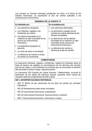 Las cuentas en moneda extranjera pendientes de cobro a la fecha de los
estados financieros, se expresarán al tipo de cambio aplicable a las
transacciones a dicha fecha.
                       DINÁMICA DE LA CUENTA 17
Es debitada por:                        Es acreditada por:
• Los préstamos otorgados.              • Las cobranzas efectuadas.
• Los intereses, regalías y los         • La eliminación (castigo) de las
  dividendos por cobrar.                  cuentas por cobrar diversas de las
                                          deudas incobrables.
• Los efectos favorables en la
  medición al valor razonable de los    • La disminución de los efectos
  activos por instrumentos                favorables en la medición al valor
  financieros.                            razonable de los activos por
                                          instrumentos financieros.
• Los depósitos otorgados en
  garantía.                             • La diferencia de cambio si
                                          disminuye el tipo de cambio.
• La venta de activo inmovilizado.
• La diferencia de cambio si el tipo
  de cambio se incrementa.
                                  COMENTARIOS
La subcuenta Intereses, regalías y dividendos, registra los intereses sobre la
base de tiempo; las regalías en concordancia con los términos del contrato
que les dio origen; y los dividendos en la fecha que es reconocido el derecho
del accionista a recibir el pago, respectivamente.
La subcuenta 195 Cuentas por cobrar diversas - Relacionadas, acumula la
estimación de los saldos de cobranza dudosa, actuando como cuenta de
valuación para los componentes de esta cuenta.
NIIF e INTERPRETACIONES REFERIDAS:
− NIC 21 Efecto de las variaciones de los tipos de cambio de monedas
  extranjeras
− NIC 24 Revelaciones sobre entes vinculados
− NIC 32 Instrumentos financieros: presentación
− NIC 39 Instrumentos financieros: reconocimiento y medición
− NIIF 7 Instrumentos financieros: información a revelar




                                       83
 