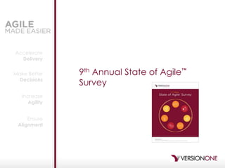 Accelerate
Delivery
Make Better
Decisions
Increase
Agility
Ensure
Alignment
9th Annual State of Agile™
Survey
 