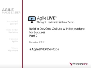 Accelerate
Delivery
Make Better
Decisions
Increase
Agility
Ensure
Alignment
Build a DevOps Culture & Infrastructure
for Success
Part 2
November 3, 2015
#AgileLIVE#DevOps
 