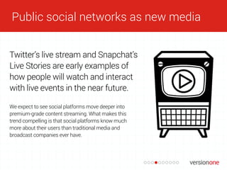Public social networks as new media
Twitter’s live stream and Snapchat’s
Live Stories are early examples of
how people wil...