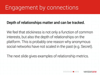 Engagement by connections
Depth of relationships matter and can be tracked.
We feel that stickiness is not only a function...