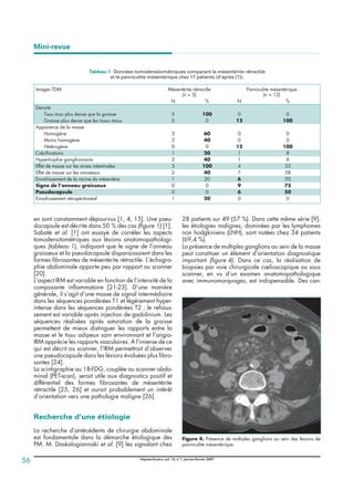 en sont constamment dépourvus [1, 4, 15]. Une pseu-
docapsule est décrite dans 50 % des cas (ﬁgure 1) [1].
Sabaté et al. [1] ont essayé de corréler les aspects
tomodensitométriques aux lésions anatomopathologi-
ques (tableau 1), indiquant que le signe de l’anneau
graisseux et la pseudocapsule disparaissaient dans les
formes ﬁbrosantes de mésentérite rétractile. L’échogra-
phie abdominale apporte peu par rapport au scanner
[20].
L’aspect IRM est variable en fonction de l’intensité de la
composante inﬂammatoire [21-23]. D’une manière
générale, il s’agit d’une masse de signal intermédiaire
dans les séquences pondérées T1 et légèrement hyper-
intense dans les séquences pondérées T2 ; le rehaus-
sement est variable après injection de gadolinium. Les
séquences réalisées après saturation de la graisse
permettent de mieux distinguer les rapports entre la
masse et le tissu adipeux sain environnant et l’angio-
IRM apprécie les rapports vasculaires. A l’inverse de ce
qui est décrit au scanner, l’IRM permettrait d’observer
une pseudocapsule dans les lésions évoluées plus ﬁbro-
santes [24].
La scintigraphie au 18-FDG, couplée au scanner abdo-
minal (PET-scan), serait utile aux diagnostics positif et
différentiel des formes ﬁbrosantes de mésentérite
rétractile [25, 26] et aurait probablement un intérêt
d’orientation vers une pathologie maligne [26].
Recherche d’une étiologie
La recherche d’antécédents de chirurgie abdominale
est fondamentale dans la démarche étiologique des
PM. M. Daskalogiannaki et al. [9] les signalant chez
28 patients sur 49 (57 %). Dans cette même série [9],
les étiologies malignes, dominées par les lymphomes
non hodgkiniens (LNH), sont notées chez 34 patients
(69,4 %).
La présence de multiples ganglions au sein de la masse
peut constituer un élément d’orientation diagnostique
important (ﬁgure 4). Dans ce cas, la réalisation de
biopsies par voie chirurgicale cœlioscopique ou sous
scanner, en vu d’un examen anatomopathologique
avec immunomarquages, est indispensable. Des can-
Tableau 1. Données tomodensitométriques comparant la mésentérite rétractile
et la panniculite mésentérique chez 17 patients (d’après [1]).
Images TDM Mésentérite rétractile
(n = 5)
Panniculite mésentérique
(n = 12)
N % N %
Densité
Tissu mou plus dense que la graisse 5 100 0 0
Graisse plus dense que les tissus mous 0 0 12 100
Apparence de la masse
Homogène 3 60 0 0
Moins homogène 2 40 0 0
Hétérogène 0 0 12 100
Calciﬁcations 1 20 1 8
Hypertrophie ganglionnaire 2 40 1 8
Effet de masse sur les anses intestinales 5 100 4 33
Effet de masse sur les vaisseaux 2 40 7 58
Envahissement de la racine du mésentère 1 20 6 50
Signe de l’anneau graisseux 0 0 9 75
Pseudocapsule 0 0 6 50
Envahissement rétropéritonéal 1 20 0 0
Figure 4. Présence de multiples ganglions au sein des lésions de
panniculite mésentérique.
Mini-revue
Hépato-Gastro, vol. 14, n°1, janvier-février 2007
56
 
