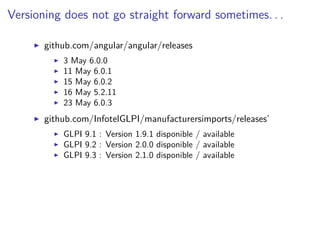 Versioning does not go straight forward sometimes. . .
github.com/angular/angular/releases
3 May 6.0.0
11 May 6.0.1
15 May 6.0.2
16 May 5.2.11
23 May 6.0.3
github.com/InfotelGLPI/manufacturersimports/releases’
GLPI 9.1 : Version 1.9.1 disponible / available
GLPI 9.2 : Version 2.0.0 disponible / available
GLPI 9.3 : Version 2.1.0 disponible / available
 