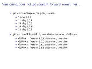 Versioning does not go straight forward sometimes. . .
github.com/angular/angular/releases
3 May 6.0.0
11 May 6.0.1
15 May 6.0.2
16 May 5.2.11
23 May 6.0.3
github.com/InfotelGLPI/manufacturersimports/releases’
GLPI 9.1 : Version 1.9.1 disponible / available
GLPI 9.2 : Version 2.0.0 disponible / available
GLPI 9.3 : Version 2.1.0 disponible / available
GLPI 9.3 : Version 2.1.1 disponible / available
 