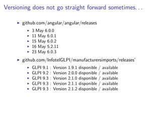 Versioning does not go straight forward sometimes. . .
github.com/angular/angular/releases
3 May 6.0.0
11 May 6.0.1
15 May 6.0.2
16 May 5.2.11
23 May 6.0.3
github.com/InfotelGLPI/manufacturersimports/releases’
GLPI 9.1 : Version 1.9.1 disponible / available
GLPI 9.2 : Version 2.0.0 disponible / available
GLPI 9.3 : Version 2.1.0 disponible / available
GLPI 9.3 : Version 2.1.1 disponible / available
GLPI 9.3 : Version 2.1.2 disponible / available
 