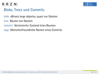 Blobs, Trees und Commits
  blob »Binary large objects«; quasi nur Dateien
  tree Bäume von Dateien
  commit Versionierter Zustand eines Baumes
  tags Menschenfreundliche Namen eines Commits




Dr. Paul Cochrane, Versionskontrolle mit Subversion und Git | 20.09.2010–22.09.2010   Seite 104
 