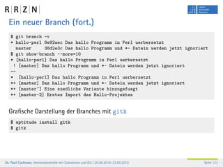 Ein neuer Branch (fort.)
   $ git branch -v
   * hallo-perl 8e92aec Das hallo Programm in Perl uerbersetzt
     master     38d2e3c Das hallo Programm und *~ Datein werden jetzt ignoriert
   $ git show-branch --more=10
   * [hallo-perl] Das hallo Programm in Perl uerbersetzt
    ! [master] Das hallo Programm und *~ Datein werden jetzt ignoriert
   --
   * [hallo-perl] Das hallo Programm in Perl uerbersetzt
   *+ [master] Das hallo Programm und *~ Datein werden jetzt ignoriert
   *+ [master^] Eine suedliche Variante hinzugefuegt
   *+ [master~2] Erstes Import des Hallo-Projektes


  Graﬁsche Darstellung der Branches mit gitk
   $ aptitude install gitk
   $ gitk




Dr. Paul Cochrane, Versionskontrolle mit Subversion und Git | 20.09.2010–22.09.2010   Seite 123
 