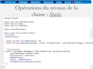 Pattern méta.   Packages    Itérations   Séquences   Archi.   Classes.   BD.


                               Affecter les clefs
        Clef naturelle – un attribut qui fait du sens dans l'environnement
        métier
           (e.g. Numéro de sécurité sociale pour une personne... Mais Danger !!)
        Clef de substitution – une clé qui n'a aucune signiﬁcation sens (e.g. a
        attribut «compteur»)
            Utilisez pour la performance
            Utiliser quand il n'est pas facile à identiﬁer de manière unique une
            entité
        Clé composite – une clef de plus d'un champ
           Peut être utilisé pour identiﬁer l'entité de manière unique
        Clé étrangère - représente un ou plusieurs champs d'une autre entité
        utilisée pour maintenir les relations entre les «rangées»


03/11                                         78 /88
 