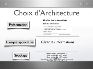 Créer Information : niveau Conception
                  class Admin_Controller {
                     public function index($args) {
                  	    	     	    	     $args['infosListe'] = Information::findAll();	    	
                  	    	     	    	     $view = new Index_Admin_View($args);
                  	    	     	    	     $view->display();
                  	    	     	    }                                  Admin_Controller.php
                  	    	     	
                     public function confirmer_modifier($args) {
                  	    	     	    	     $key = $_POST["key"];
                  	    	     	    	     $newTitre = $_POST["NouveauTitre"];
                  	    	     	    	     $info = Information::read($key);
                  	    	     	    	     $info->setTitre($newTitre);
                  	    	     	    	     $info->update();
                  	    	     	    	
                  	    	     	    	     $args['infosListe'] = Information::findAll();
                  	    	     	    	
                  	    	     	    	     $view = new Index_Admin_View($args);
                  	    	     	    	     $view->display();
                  	    	     	    }	    	
                  	    	     	
                     public function create($args) {
                  	    	     	    	     $titre = $_POST["Titre"];
                  	    	     	    	     $info = new Information($titre, $this->today());
                  	    	     	    	     $info->create();
                  	    	     	    	
                  	    	     	    	     $args['infosListe'] = Information::findAll();
                  	    	     	    	
                  	    	     	    	     $view = new Index_Admin_View($args);
                  	    	     	    	     $view->display();
                  	    	     	    }
                  	    	     	
 