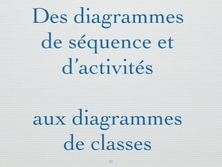 Pattern méta.   Packages   Itérations   Séquences   Archi.   Classes.   BD.

                               Les opérations
        Représente un service spéciﬁque offert par un objet
        Syntaxe : Visibilité Id ( [Args] ) : Type [{Propriété}]




03/11                                        59 /88
 