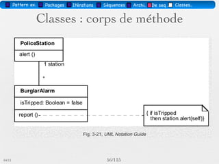 Pattern méta.   Packages   Itérations   Séquences   Archi.   Classes.   BD.

                               Les opérations
        Représente un service spéciﬁque offert par un objet
        Syntaxe : Visibilité Id ( [Args] ) : Type [{Propriété}]
        Visibilité : +, -, #
           + : public - visible et modiﬁable par tout objet du même paquetage
           - : private - seulement visible et modiﬁable par les opérations de l'objet
           auquel i appartient. Le principe de masquage impose de rendre chaque
           attribut private
           # : protected - seulement accessible et modiﬁable par les opérations des
           classes descendantes

        Args : Direction Id : Type [= DefaultVal]




03/11                                        59 /88
 