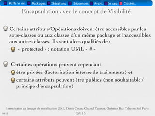 Pattern méta.   Packages   Itérations   Séquences    Archi.   Classes.   BD.

                    Représentation de classes
                           abstraites
         Classes    sans instances immédiates
                                            Forme




                                  Carre               Cercle


                              Une instance de «Forme» est
                            obligatoirement une instance de la
                           classe Carre ou de la classe Cercle


03/11                                        63 /88
 