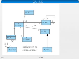Pattern méta.   Packages   Itérations   Séquences   Archi.   Classes.   BD.


                Structuration en packages

                         Cohérence et Indépendance


        - Finalité : des services de             - Minimiser les dépendances
              même nature                          - Eviter absolument les
        - Evolution : Stabilité (le                dépendances mutuelles
            métier)/Evolutive
              (Applicative)
         - Cycle de vie des objets



03/11                                        9 /88
 