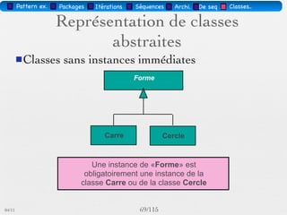 Pattern méta.    Packages   Itérations     Séquences   Archi.   Classes.   BD.


         Etre abstrait et précis avec UML
                                             Compte
                                       {solde>=plancher}


                       solde: Somme
                       plancher: Somme

                      créditer (montant : Somme)
                       {pre: montant > 0}
                       {post: solde = solde @pre + montant}
                      débiter (s: Somme)
                       {pre: montant > 0 and montant<=solde-plancher}
                       {post: solde = solde @pre - montant}




                    Analyse précise ou “analyse par contrat”
03/11                                           67 /88
 