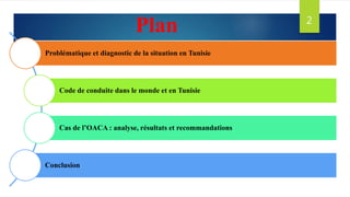 Plan
Problématique et diagnostic de la situation en Tunisie
Code de conduite dans le monde et en Tunisie
Cas de l’OACA : analyse, résultats et recommandations
Conclusion
2
 