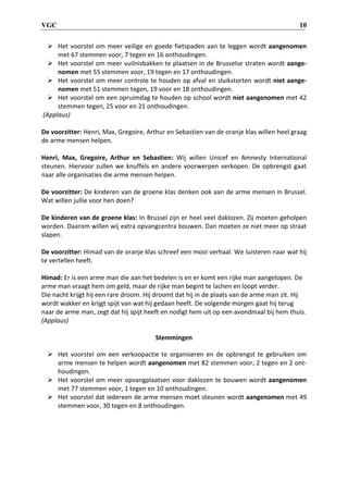 VGC 10
 Het voorstel om meer veilige en goede fietspaden aan te leggen wordt aangenomen
met 67 stemmen voor, 7 tegen en 16 onthoudingen.
 Het voorstel om meer vuilnisbakken te plaatsen in de Brusselse straten wordt aange-
nomen met 55 stemmen voor, 19 tegen en 17 onthoudingen.
 Het voorstel om meer controle te houden op afval en sluikstorten wordt niet aange-
nomen met 51 stemmen tegen, 19 voor en 18 onthoudingen.
 Het voorstel om een opruimdag te houden op school wordt niet aangenomen met 42
stemmen tegen, 25 voor en 21 onthoudingen.
(Applaus)
De voorzitter: Henri, Max, Gregoire, Arthur en Sebastien van de oranje klas willen heel graag
de arme mensen helpen.
Henri, Max, Gregoire, Arthur en Sebastien: Wij willen Unicef en Amnesty International
steunen. Hiervoor zullen we knuffels en andere voorwerpen verkopen. De opbrengst gaat
naar alle organisaties die arme mensen helpen.
De voorzitter: De kinderen van de groene klas denken ook aan de arme mensen in Brussel.
Wat willen jullie voor hen doen?
De kinderen van de groene klas: In Brussel zijn er heel veel daklozen. Zij moeten geholpen
worden. Daarom willen wij extra opvangcentra bouwen. Dan moeten ze niet meer op straat
slapen.
De voorzitter: Himad van de oranje klas schreef een mooi verhaal. We luisteren naar wat hij
te vertellen heeft.
Himad: Er is een arme man die aan het bedelen is en er komt een rijke man aangelopen. De
arme man vraagt hem om geld, maar de rijke man begint te lachen en loopt verder.
Die nacht krijgt hij een rare droom. Hij droomt dat hij in de plaats van de arme man zit. Hij
wordt wakker en krijgt spijt van wat hij gedaan heeft. De volgende morgen gaat hij terug
naar de arme man, zegt dat hij spijt heeft en nodigt hem uit op een avondmaal bij hem thuis.
(Applaus)
Stemmingen
 Het voorstel om een verkoopactie te organiseren en de opbrengst te gebruiken om
arme mensen te helpen wordt aangenomen met 82 stemmen voor, 2 tegen en 2 ont-
houdingen.
 Het voorstel om meer opvangplaatsen voor daklozen te bouwen wordt aangenomen
met 77 stemmen voor, 1 tegen en 10 onthoudingen.
 Het voorstel dat iedereen de arme mensen moet steunen wordt aangenomen met 49
stemmen voor, 30 tegen en 8 onthoudingen.
 