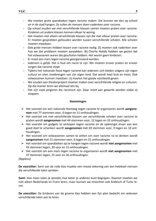 VGC 5
- We moeten grote spandoeken tegen racisme maken. Die kunnen we dan op school
en in de stad hangen. Ze zullen de mensen doen nadenken over racisme.
- Op school zouden we met verschillende klassen samen moeten praten over racisme.
Kinderen uit andere klassen kennen elkaar te weinig.
- Het moeten niet alleen verschillende klassen zijn die met elkaar praten over racisme.
Er moeten gesprekken gehouden worden tussen verschillende scholen. Alle scholen
moeten meedoen.
- Ook grote mensen hebben lessen over racisme nodig. Zij moeten ook nadenken over
hoe we dat probleem moeten aanpakken. Bij Charlie Hebdo hebben we gezien dat
het volwassenen waren die geschoten hebben. Het waren geen kinderen.
- Er moet een mars tegen racisme georganiseerd worden.
- Iedereen is gelijk. Het is fout om racist te zijn. We moeten erover praten en ervoor
zorgen dat racisme stopt.
- Tijdens het nationale feest tegen racisme kan iedereen zich kleden volgens zijn eigen
cultuur en eten meebrengen van zijn eigen land. Dat wordt heel leuk en mooi. Ook
volwassenen kunnen meedoen: zij moeten het goede voorbeeld geven.
- We zouden een theaterproject moeten maken over verschillende religies en culturen.
Op die manier leren we allemaal iets bij.
- Het zijn vaak jongeren die racistisch zijn. Daar moet aan gewerkt worden zodat zij
stoppen.
Stemmingen
 Het voorstel om een nationale feestdag tegen racisme te organiseren wordt aangeno-
men met 77 stemmen voor, 0 tegen en 11 onthoudingen.
 Het voorstel om met verschillende klassen van verschillende scholen over racisme te
praten wordt aangenomen met 44 stemmen voor, 12 tegen en 32 onthoudingen.
 Het voorstel om gadgets te verkopen tegen racisme en de opbrengst ervan aan een
goed doel te schenken wordt aangenomen met 69 stemmen voor, 9 tegen en 10 ont-
houdingen.
 Het voorstel om volwassenen samen te zetten om over racisme na te denken wordt
aangenomen met 51 stemmen voor, 6 tegen en 31 onthoudingen.
 Het voorstel om spandoeken op te hangen tegen racisme wordt niet aangenomen met
43 stemmen tegen, 30 voor en 15 onthoudingen.
 Het voorstel om een mars tegen racisme te organiseren wordt niet aangenomen met
37 stemmen tegen, 25 voor en 26 onthoudingen.
(Applaus)
De voorzitter: Sami van de rode klas maakte een mooie tekening van een heleboel mensen
die verschillende talen spreken.
Sami: Hoe meer talen je spreekt, hoe beter je anderen kunt begrijpen. Daarom moeten we
niet alleen Nederlands en Frans leren, maar kunnen we misschien ook Arabisch of Turks le-
ren.
De voorzitter: De kinderen van de groene klas hebben een fijn plan bedacht om iedereen
verschillende talen aan te leren.
 