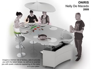 ONIRIS
                                                       Nelly De Macedo
                                                                  2009




 Imagine a kitchen full of fantasy, able to provide
 you with the latest recipe, as well as to surprise
you with poetic creatures appearing on the table                     52
                                                                     _
   Vers le Living Objects Design  or in your plate !
                                                                     63
 