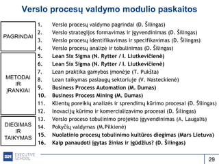 Verslo procesų valdymo modulio paskaitos 
1. Verslo procesų valdymo pagrindai (D. Šilingas) 
2. Verslo strategijos formavi...