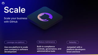 Scale
Use one platform to scale
your company’s software
development
Built-in compliance
controls, governance, and
administrative tools
Jumpstart with a
platform developers
know and love
Leverage one platform Reduce maintenance Reliability
Scale your business
with GitHub
 