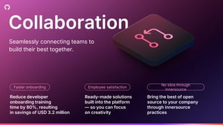 Collaboration
Reduce developer
onboarding training
time by 80%, resulting
in savings of USD 3.2 million
Ready-made solutions
built into the platform
— so you can focus
on creativity
Faster onboarding Employee satisfaction
Seamlessly connecting teams to
build their best together.
Bring the best of open
source to your company
through innersource
practices
No silos through
innersource
 