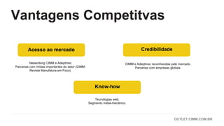 Networking CIMM e Adeptmec
Parcerias com mídias importantes do setor (CIMM,
Revista Manufatura em Foco).
Vantagens Competitvas
Tecnologias web.
Segmento metal-mecânico.
CIMM e Adeptmec reconhecidas pelo mercado.
Parcerias com empresas globais.
CredibilidadeAcesso ao mercado
Know-how
OUTLET.CIMM.COM.BR
 
