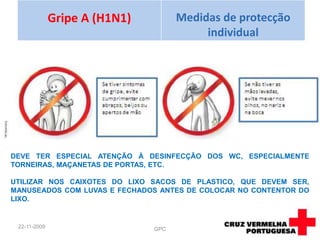 Contacto com objectos ou materiais contaminados(O vírus permanece activo 2 a 8 horas nas superfícies)Permanência em ambientes fechados ou pouco arejadosProximidade entre pessoas (distancia inferior a um metro)Cumprimentos pessoais08-09-2009GPC