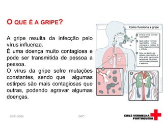 08-09-2009GPCO que é a gripe?A gripe resulta da infecção pelo vírus influenza.É uma doença muito contagiosa e pode ser transmitida de pessoa a pessoa. O vírus da gripe sofre mutações constantes, sendo que  algumas estirpes são mais contagiosas que outras, podendo agravar algumas doenças.