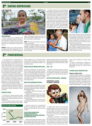 Ações Sociais 2007                                                                                                Grendene                                                                                                        05



                           DATAS ESPECIAIS
                                                                                                                                       A empresa se envolve num ato de solidariedade
                                                                                                                                     pelas famílias mais carentes, realizando a Campa-
                                                                                                                                     nha de Donativos Natal sem Fome com arrecadação
                                                                                                                                     de alimentos, roupas, brinquedos que são distri-
                                                                                                                                     buídos pela Paróquia do Patrocínio nas comuni-
                                                                                                                                     dades carentes. Em 2007, os colaboradores da
                                                                                                                                     Grendene doaram 27.482 quilos de alimentos.
                                                                                                                                        Um evento marcante na Grendene é a Festa de
                                                                                                                                     Natal das Crianças, momento tão esperado pelas
                                                                                                                                     famílias de nossos colaboradores. Este evento
                                                                                                                                     reúne milhares de crianças numa programação
                                                                                                                                     muito especial. Neste ano, realizamos O NATAL
                                                                                                                                     NO PLANETA ÁGUA, na ocasião as crianças pu-




                                                                                                                                                                                              deram assistir uma peça infantil muito divertida
   DATAS ESPECIAIS                                                            celebra a ressurreição de Jesus Cristo, sendo o dia                                                             sobre a importância de cuidarmos bem da água e
     Buscamos contribuir com a qualidade de vida                              santo mais importante da religião cristã e que tam-                                                             não desperdiçá-la. O Papai Noel, como não pode-
   de nossos colaboradores através de eventos so-                             bém é comemorado em nossa empresa.                                                                              ria ser diferente, esteve presente, vindo em seu
   ciais significativos. Movidos pela ética cristã e                                                                                                                                          barquinho ecológico e ornamentada com os re-
   pela busca de humanização de nossa empresa,                                NATAL - Época de renovar os laços de união, espe-                                                               cursos naturais, os olhos das crianças brilhavam
   duas datas são comemoradas oficialmente todos                              rança e amor ao próximo.                                                                                        durante sua entrada triunfal.
   os anos:                                                                     No Natal, a Grendene compartilha com seus co-                                                                    Além de muita diversão, todos puderam se deliciar
                                                                              laboradores mensagens importantes de gratidão e                                                                 com refrigerantes, cachorros-quentes, bombons, pi-
   PáSCOA - A Páscoa vai muito além do simples ato                            motivação, promovendo um clima de aproximação                                                                   pocas, pirulitos e presentes de natal para as crian-
   de presentearmos nossos colaboradores com uma                              entre as pessoas e celebração pela concretização de                                                             ças, de acordo com a faixa etária. Este ano doamos
   cesta de chocolates. É um momento de reflexão que                          mais um ano juntos.                                                                                             11.000 brinquedos às crianças.



                           PARCERIAS
     A fim de garantirmos a sustentabilidade so-                              radores, familiares e para a comunidade, visando       segunda à sexta-feira pela Nutrinor, empresa terceiri-   (Viviane Senna, Presidente do Instituto Ayrton
   cial, permanecemos com o estabelecimento de                                à auto-suficiência dos bancos de sangue de So-         zada que administra nossos restaurantes e transpor-      Senna).
   parcerias firmadas com instituições nacionais e                            bral. Neste ano, 1.273 pessoas participaram como       tada pela Grendene. Em 2007 foram doados 10.000            Em 2007, foi implementado o Programa Cir-
   locais. Organizações sem fins lucrativos, como o                           candidatas à doação.                                   litros de sopa.                                          cuito Campeão que se destina a acompanhar a
   Instituto Sócio-ambiental - ISA, o Institutos Guga                                                                                                                                         alfabetização dos alunos da 1ª série do ensino
   Kuerten e Ayrton Senna, têm mantido contratos                              PROJETO CASA DA MAMÃE (SANTA CASA)                     SINE – IDT:                                              fundamental.
   de licenciamento de marcas com a Grendene
   que, através da venda desses produtos, possibili-                          Colaboramos mensalmente com cestas básicas               Promovemos a inserção de pessoas no mercado
   tam importantes projetos sociais que modificam                             para manutenção da Casa da Mamãe. Este proje-          de trabalho mediante convênio com o Sine-IDT que         “IPANEMA GISELE büNDCHEN G2b.
   as comunidades em que estamos inseridos.                                   to tem como finalidade abrigar mães carentes de        se encarrega do recrutamento e encaminhamento
     Em Sobral, os projetos do Instituto Ayrton Senna                         Sobral e de outras localidades cujos bebês encon-      de pessoas a serem selecionadas pela nossa em-           PORQUE A TERRA É AzUL”
   em parceria com a Prefeitura tiveram importante                            tram-se em tratamento prolongado na Santa Casa         presa.                                                      Dando continuidade à parceria com a Top Model Gi-
   papel no desenvolvimento educacional, com ex-                              e necessitam de aleitamento materno. Em 2007                                                                    sele Bündchen, este ano com o tema “Ipanema Gisele
   celentes resultados reconhecidos nacionalmen-                              foram doados 84 cestas que correspondem a              INSTITUTO AyRTON SENNA – SENNINHA                        Bündchen G2B. Porque a Terra é azul” a campanha tem
   te. Ao mesmo tempo, outro grande projeto, em                               2.011 Kg de alimentos.                                                                                          forte apelo à conscientização e preservação do uso da
   parceria com o Instituto Sócio-Ambiental – ISA e                                                                                  APRENDENDO A AJUDAR,                                     água. Em 2006, a Grendene e a top apoiaram à Cau-
   WWF-Brasil, atua na preservação da Água.                                   REDE DE SOLIDARIEDADE POSITIVA                         AJUDAMOS A APRENDER                                      sa das Águas, através do programa ‘Y Ikatu Xingu (do
     Outras importantes parcerias realizadas com                                                                                                                                              Instituto Sócio-Ambiental ISA) – que defende a preser-
   instituições sobralenses também têm papel fun-                               Casa de Apoio Madre Ana Rosa Gattorno: O Centro
   damental com ações que vão desde a doação de                               de Convivência Madre Rosa Gattorno oferece gratui-
   alimentos até a inserção de pessoas no mercado                             tamente aos pacientes (soro positivo) residentes na
   de trabalho.                                                               Macro Região de Sobral:
                                                                                 - hospedagem temporária (alimentação, acolhi-
   EMPRESA CIDADÃ                                                             mento e dormitório);
                                                                                 - retaguarda clínica (pacientes que vêm a Sobral
     Em parceria com o Hemoce realizamos campa-                               para exames, medicações e outros procedimentos
   nhas de sensibilização para doação voluntária de                           e necessitam permanecer na cidade para resolução
   sangue por meio de palestras educativas junto aos                          de seus problemas);
   colaboradores.                                                                - oficinas sócio-educativas sobre diversos temas
     Dentro do Programa Empresa Cidadã, garanti-                              (Planejamento Familiar; DST’s);- cursos profissiona-
   mos as reservas necessárias para nossos colabo-                            lizantes.

             Bolsas de sangue coletadas                                         A Grendene colabora com a suplementação
                                                                              alimentar dos pacientes soro-positivo da insti-          O Instituto Ayrton Senna é uma organização
                                                                              tuição, tendo doado 862,20 Kg de alimentos             não-governamental, sem fins lucrativos, que atua
                                                                              em 2007.                                               em todo o Brasil, em aliança com os três seto-
                                                                                                                                     res da sociedade, para oferecer oportunidades
                                                                              CASA DO bOM SAMARITANO,                                de desenvolvimento humano a crianças e jovens
                                                                              ALbERGUE MUNICIPAL E
Número de bolsas




                                                                                                                                     por meio de uma educação de qualidade, dentro
                                                                              CONGREGAÇÃO DAS IRMÃS JOSEFINAS                        e fora da escola.
                                                                              DO bAIRRO DOM JOSÉ                                       “Atualmente, a Grendene é a que possui o
                                                                                                                                     maior licenciamento da marca, que tem 100%
                                                                                 Viabilizamos alimentação transportada para pes-     dos royalties revertidos às ações do Instituto. Ou
                                                                              soas carentes atendidas pelas duas instituições.       seja, a Grendene tem contribuído na viabilização
                                                                              Estas instituições são vizinhas e parceiras e com-     de oportunidades de desenvolvimento humano
         * os valores de 2007 consideram o mês de dezembro como estimativa.   partilham suas doações. A alimentação é doada de       a milhares de crianças e jovens de todo o País.”
 